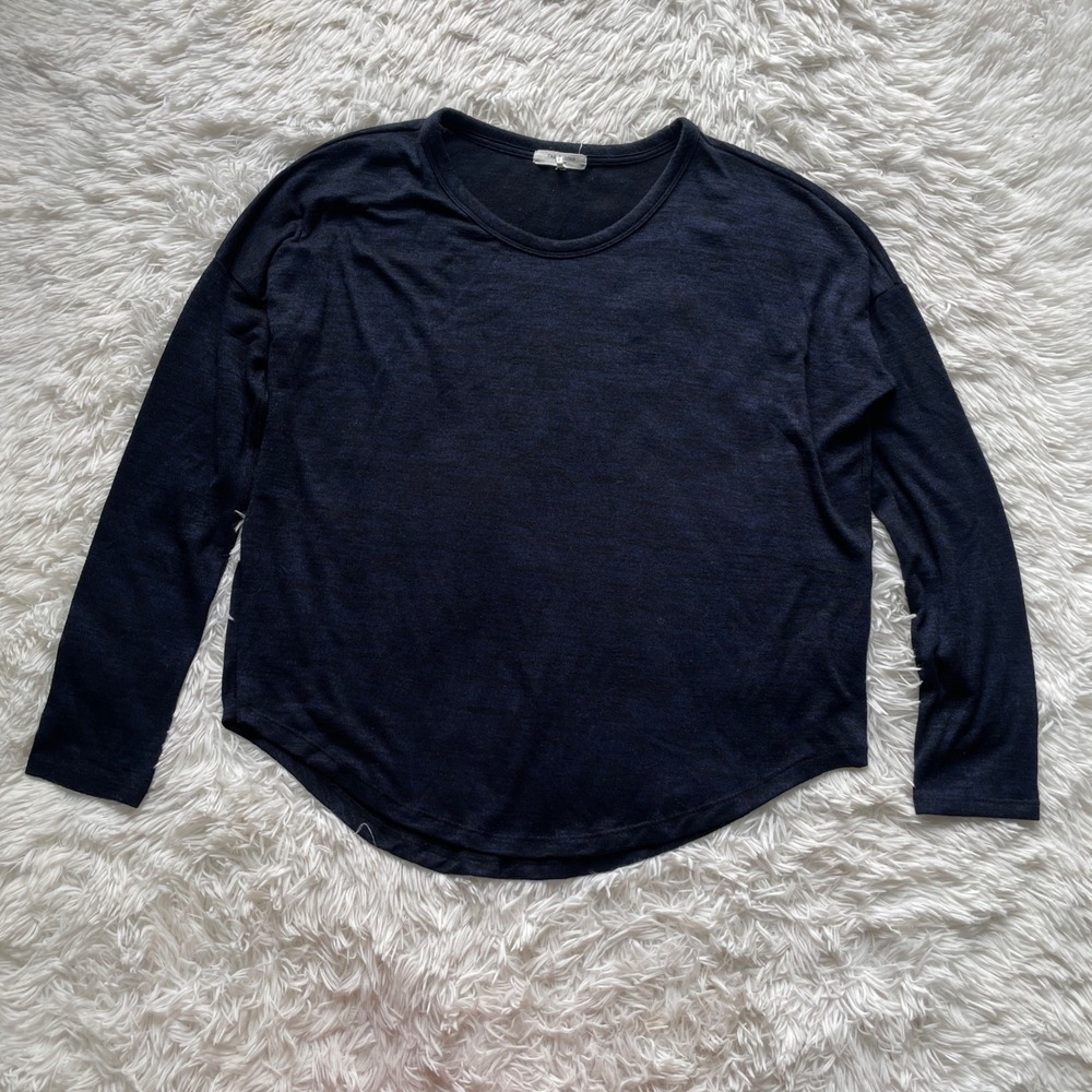 Rag & Bone Womens Large Navy Blue Marled Long Sleeve Relaxed Curved Hem Top L